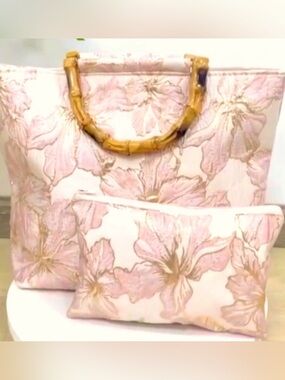 Floral Pink and Gold Tote Bag with Pouch